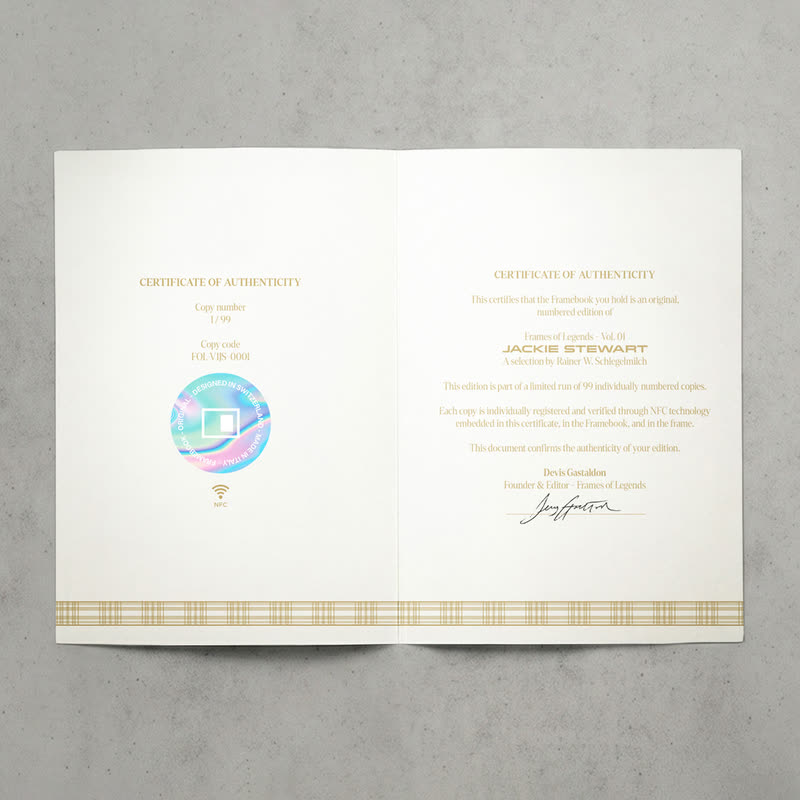 The certificate of authenticity, open, with its NFC seal