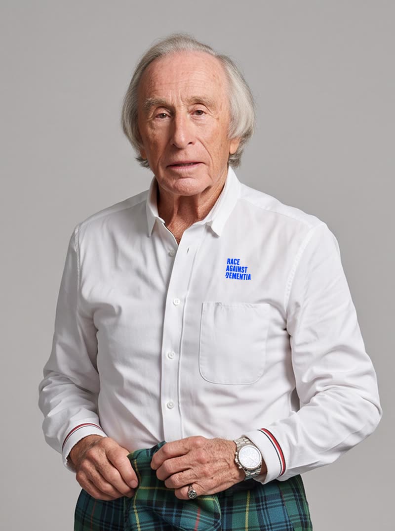 Portrait of Sir Jackie Stewart, Race Against Dementia on his shirt